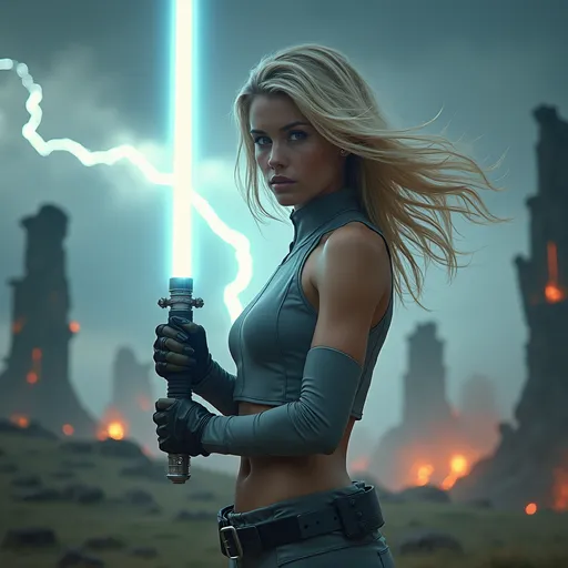 Prompt: Clad in a sleek, gray outfit that highlights her athletic frame, a young woman stands poised in a dramatic landscape ready for battle, wielding a glowing white lightsaber. Her blonde hair is flowing in the breeze, accentuating her fierce expression as she prepares for battle against the backdrop of a stormy sky, where flashes of lightning illuminate crumbling, modern structures that tower ominously. The atmosphere is charged, with swirling clouds and hints of fire in the distance, casting a dramatic glow that enhances the tension of the scene. Overall, the image conveys a sense of empowerment and urgency, blending elements of fantasy and adventure as the figure exudes confidence in an otherworldly setting.
