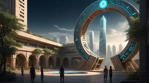 Prompt: magical portal between cities realms worlds kingdoms, circular portal, ring standing on edge, upright ring, freestanding ring, hieroglyphs on ring, complete ring, ancient babylonian architecture, gardens, hotels, office buildings, shopping malls, large wide-open city plaza, turned sideways view, futuristic cyberpunk tech-noir setting