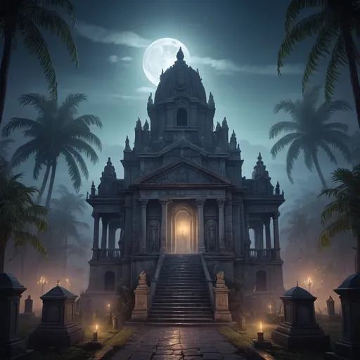 Prompt: Fantasy Illustration of a small temple of a death god, entire structure, French colonial architecture, misty night, immersive world-building, high quality, detailed, epic scale, fantasy, surrounded by a cemetery, tropical french colonial town 