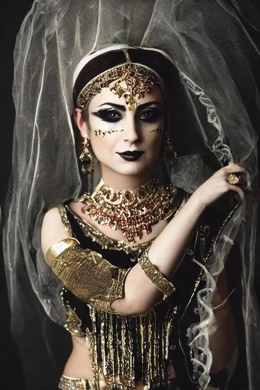 Prompt: A cinematic film still, of (beautiful elegant traditional Arabian dancer), clothed, (wearing traditional Arabian dress), (white face paint), (black eyeliner), on dim lit stage, volumetric fog, ((detailed skin textures)), shallow depth of field, cinematic lighting, subsurface scattering, photographed on Sony a9 II, 35mm lens, (highly detailed:1.2), (sharp focus), (dull background colors, vivid foreground colors), Award-winning photograph