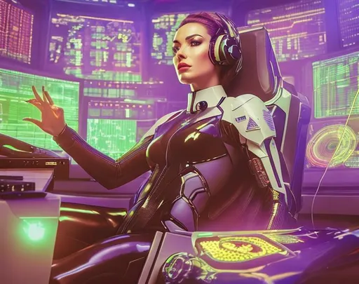 Prompt: a spaceship cyborg pilot in a latex suit, laying down in a chair, in a cyberpunk setting, cyborg, implants, high details, realistic , professionally colour graded, photorealism, 8k, grim dark lighting, art by the Caravage