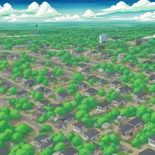 Prompt: A painting of the hidden leaf village with north Texas theme bids eye view 