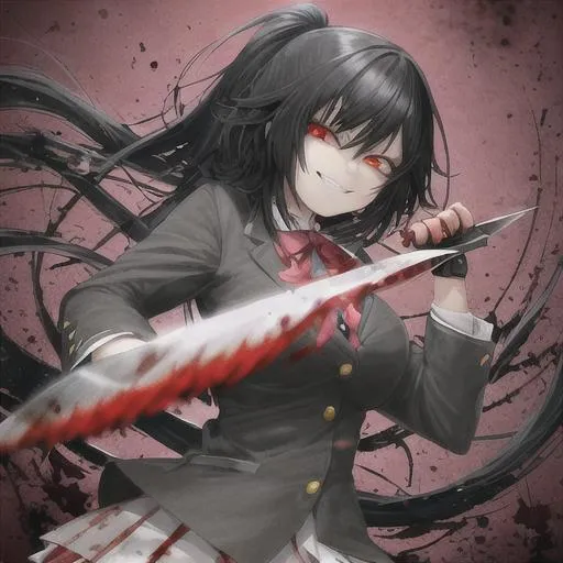 Prompt: black hair, anime girl, school girl, holding a blood knife, crazed smile