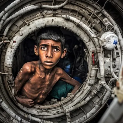 Prompt: A boy who is very poor and dying because of lack of oxygen , pollution is everywhere,some people who are rich they are boarding a spce ship.