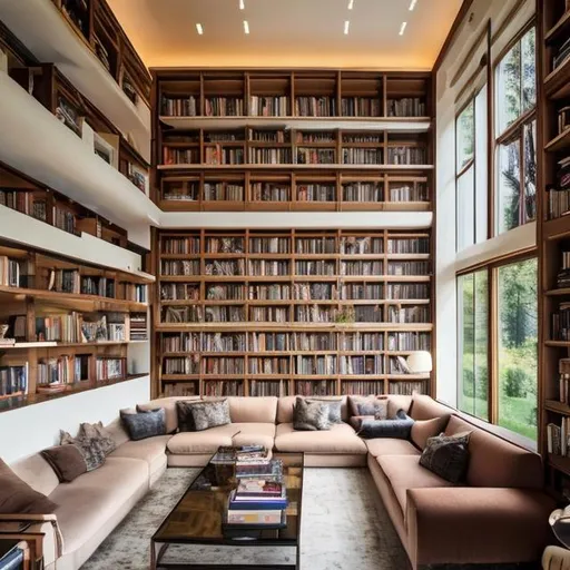 Prompt: The ultimate home library. Double height walls, high windows with views to a lush garden. Giant bookshelves and comfortable couches. Warm lighting from standing lamps