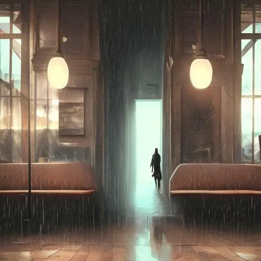 Prompt: a beautifull rainy day through a wooden window by greg rutkowski, soft palette, .Bright Cozy Cafe Interior. Dark lightning storm outside. Cinematic Lighting. Ambient Scene a table by window's side with coffee laptop headphones working cafe 
animated amine style 