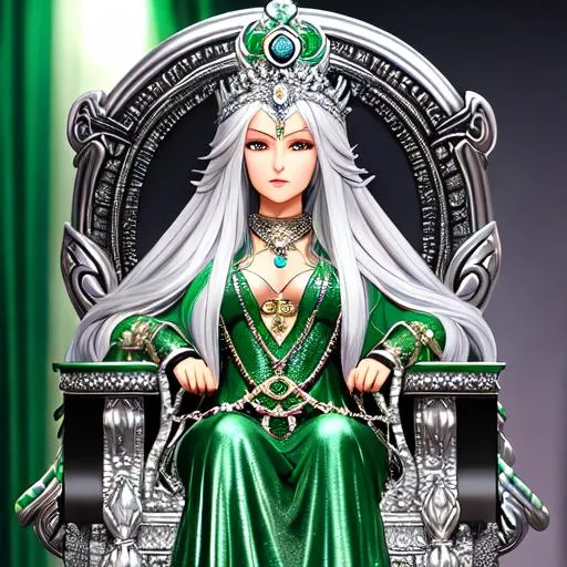Prompt: snake goddess, silver hair, throne, emeralds