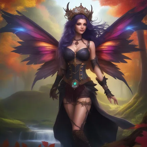 Prompt: Epic. Cinematic. Shes a (colorful), Steam Punk, gothic, witch. ((spectacular)), Winged fairy, with a skimpy, ((colorful)), gossamer, flowing outfit, standing in a forest by a village. ((Wide angle)). Detailed Illustration. 8k.  Full body in shot. (Hyper real painting). Photo real. A ((beautiful)), very shapely, woman with ((anatomically real hands)), and ((vivid)) colorful, ((bright)) eyes. A ((pristine)) Halloween night. (Concept style art). 