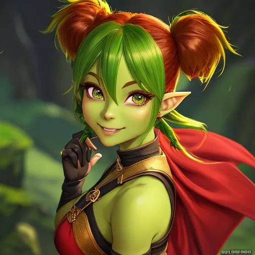 Prompt: oil painting, D&D fantasy, young green-skinned-goblin girl, green-skinned-female (tiny petite body), beautiful face, mischievous grin, short fiery red hair, pigtails, pointed ears, fangs, looking at the viewer, wearing adventurer's outfit #3238, UHD, hd , 8k eyes, detailed face, big anime dreamy eyes, 8k eyes, intricate details, insanely detailed, masterpiece, cinematic lighting, 8k, complementary colors, golden ratio, octane render, volumetric lighting, unreal 5, artwork, concept art, cover, top model, light on hair colorful glamourous hyperdetailed medieval city background, intricate hyperdetailed breathtaking colorful glamorous scenic view landscape, ultra-fine details, hyper-focused, deep colors, dramatic lighting, ambient lighting god rays, flowers, garden | by sakimi chan, artgerm, wlop, pixiv, tumblr, instagram, deviantart