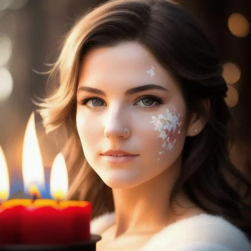 Prompt: ((Masterpiece, best quality))
{Alex Chow | Greg Rutkowski | ArtStation}.
Face painting of a beautiful white woman in her 20s with half her face on fire. (fluffy hair). (Soul: 1.6) (Characteristics: 1.6). (wood cabin background | candles)
Detailed face. Detailed eyes. Highly detailed. 
(UHD:1.2), HDR, 8K, Unreal Engine 5. Highly accurate lighting, and extraordinary reflection. 
