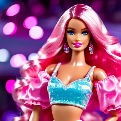 Prompt: High detailed Barbie with long hair wearing high detailed pink Versace outfit 