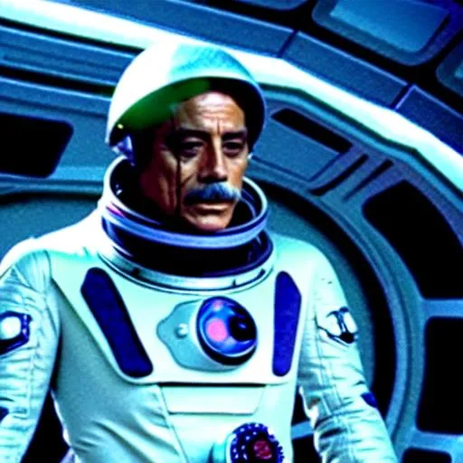Prompt: Edward James Olmos dressed in  futuristic clothing on a space station. 