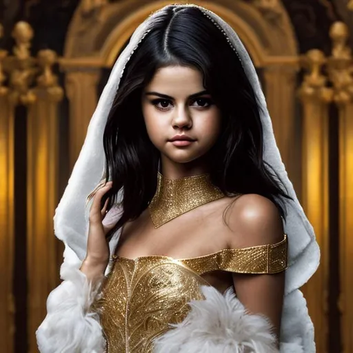 Prompt: selena gomez, royalty, detailed face, beautiful, skinny, anorexic, thin face, queen, gold fur crown, white gown, white gloves, scifi