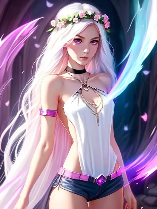 Prompt: Beautiful girl, full-body digital art, gwen stacy (ghost spider), bodysuit, one shoulder top, bralette top, backless top, keyhole top, split front chain detail top, shorts, druid priestess, long white hair, pink clothes, artstation, illustration, dynamic soft lighting, fantasy framing, high resolution 4k, hdr, stylistic, thigh gap, full body, Sharp features, cute face, symmetrical, double eyelid blue eyes