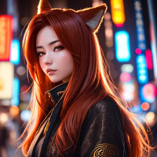 Prompt: portrait, close ups, breathtaking photo, 21 years, medium lenght voluminous brunette with redhead highlights hair, half of the face hidden by a kitsune mask, in a breathtaking japanese cyberpunk city alley, highly detailed, heavenly beauty, 8k, 50mm, f/1. 4, high detail, sharp focus, perfect anatomy, arms behind back, highly detailed, detailed and high quality background, oil painting, digital painting, Trending on artstation , UHD, 128K, quality, Big Eyes, artgerm, highest quality stylized character concept masterpiece, award winning digital 3d, hyper-realistic, intricate, 128K, UHD, HDR, image of a gorgeous, beautiful, dirty, highly detailed face, hyper-realistic facial features, cinematic 3D volumetric, illustration by Marc Simonetti, Carne Griffiths, Conrad Roset, 3D anime girl, Full HD render + immense detail + dramatic lighting + well lit + fine | ultra - detailed realism, full body art, lighting, high - quality, engraved | highly detailed |digital painting, artstation, concept art, smooth, sharp focus, Nostalgic, concept art,
beautifully intricate tail,
((( (extreme details)))) proper tail placement