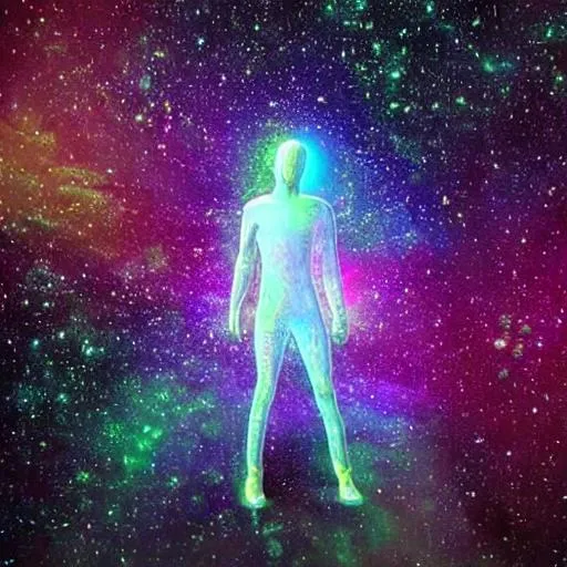 Prompt: dark dmt trip in galaxy with silver person standing up