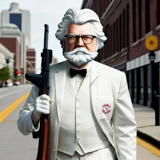 Prompt: Hyper realistic Colonel Sanders holding a rifle walking down the streets of Louisville Kentucky