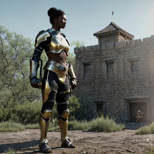 Prompt: (Hyperrealistic highly detailed sharp full body photography of an ebonian woman master-at-arms training and sparring with young students)
Beautiful, mature, strong-willed,  protector, benevolent, skilled athletic, strong, golden headband, traditional light leather armor. Shining swords. Old stone barracks. Tribal style.