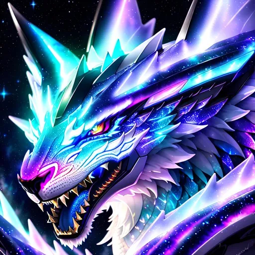 Prompt: Watercolor portrait of a roaring neon ice dragon with iridescent black markings roaring with and galaxy in background, perfect composition, hyper realistic, super detailed, 8k, high quality, trending art, trending on art station, sharp focus, studio photo, intricate details, highly detailed, by greg rutkowski, illustration, watercolor