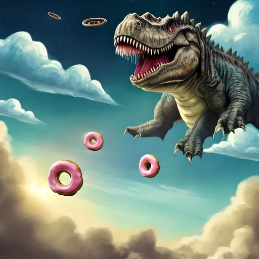 Prompt: a donut flying in the sky while being chased by a giant dinosaur