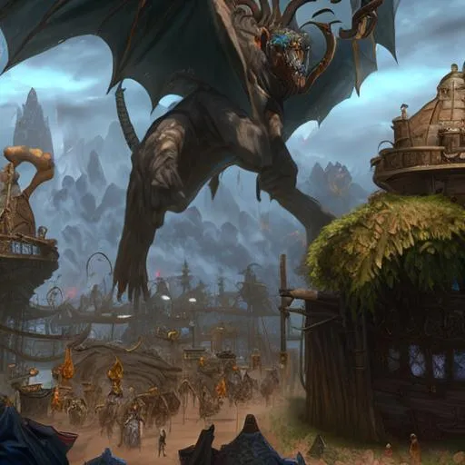 Prompt: large, bustling fantasy pirate port, during midday, similar to menagerie coast on wildemount, in critical role
