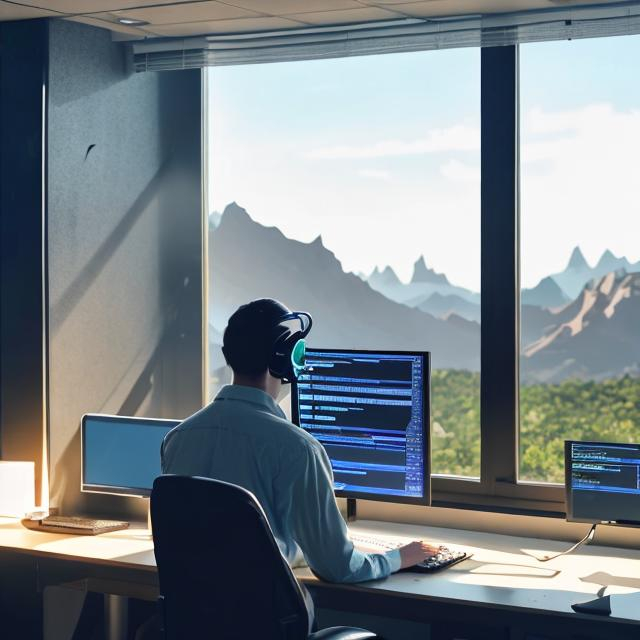a person coding on a computer at a desk with a windo...