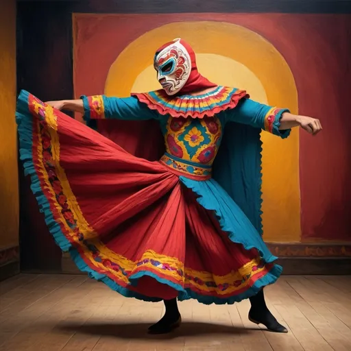 Prompt: 19th c painted luchador dancing flamenco, woven/perforated, soft sculpture, creased wrinkled, stop-motion animation