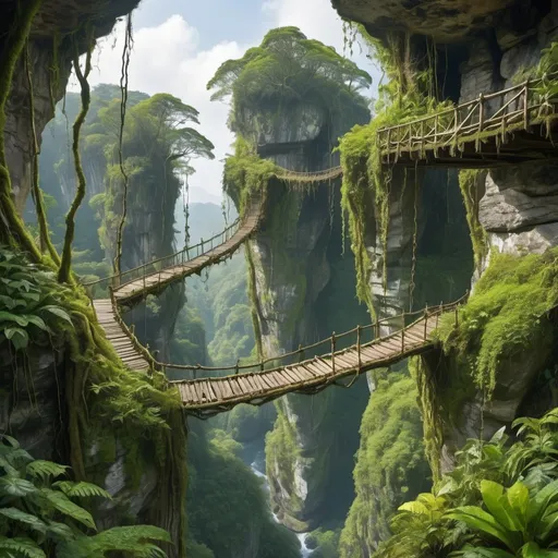 Prompt: A magic jungle landscape with high steep rocks, lianas and moss, suspended wood bridges joining two cliff side