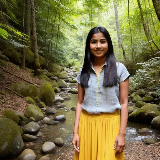 Prompt: full body portarit, Indian girl from Sikkim, asian features, sharp face, very fair skin, attractive, age 25, slim, short dark hair, subtle smile, wearing long linen skirt colour dark teal and short tunic on top colour deep yellow, muted colours, standing three quarters to the viewer, looking directly at viewer, outdoor, forest area, soft contrast, cinematic lighting, subtle haze, diffused day light coming from window on frame left, high resolution, photo realistic, shallow depth of field, 16mm film grain