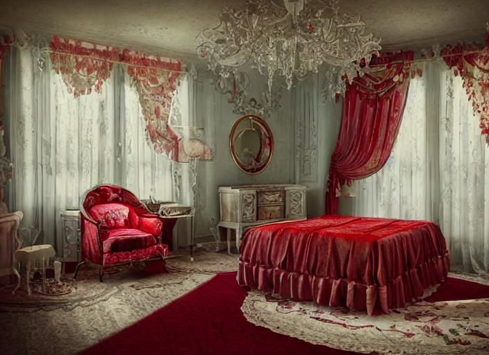Black bedroom, red as secondary color, dark, medieva