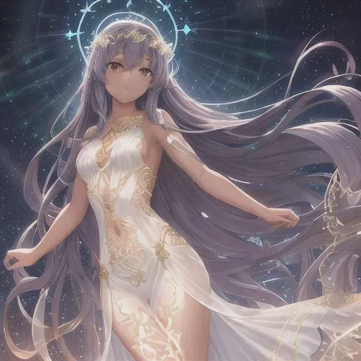 Prompt: A beautiful deep ocean water spirit swimming, intricate long curly  hair, tan skin, stained glass long flowing gown, ethereal, luminous, fireflies, night sky, glowing, trails of light, sparkles, 3D lighting, celestial, gold filigree halo, soft light, fantasy, tan skin, dark skin