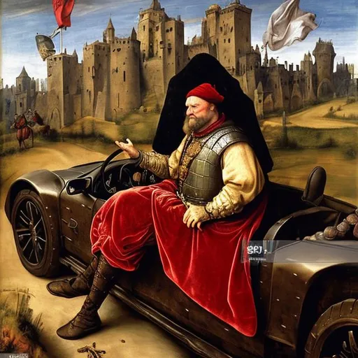 Prompt: Medieval merchant driving a sportscar, dressed in velvet and brocate, oil painting, 16th century, realistic, in the style of Raffaello