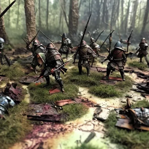 Prompt: Aftermath of medieval ambush on a forest trail Water colours. Dead armoured soldiers 
Fantasy hyperrealistic. sharp, dark lighting