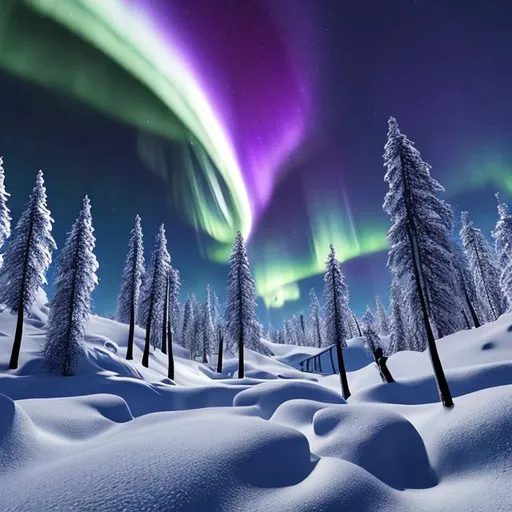 Prompt: A snowy landscape with northern lights reflecting in the snow, surrealistic painting, unreal engine.