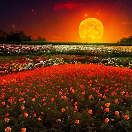 Prompt: flower field with sunset and the moon