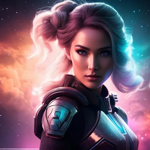 Prompt: create photograph of most beautiful fictional female elite space soldier who is from future, ,extremely, wide angle, detailed environment, detailed background, planets an nebulae in sky highly detailed, intricate, detailed skin, natural colors , professionally color graded, photorealism, 8k, moody lighting

