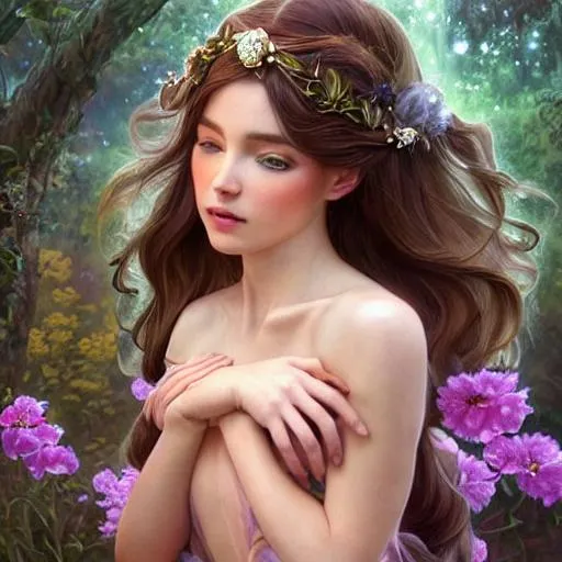 Prompt: perfectly feminine face!! full body portrait of young fairy earth goddess blessed by nature, floral sunlight crown, light brown hair, symmetrical! intricate, sensual features, dewy skin, reflective skin, highly detailed, digital painting, artstation, concept art, smooth, sharp focus, soft lighting, illustration, art by artgerm and greg rutkowski and alphonse mucha