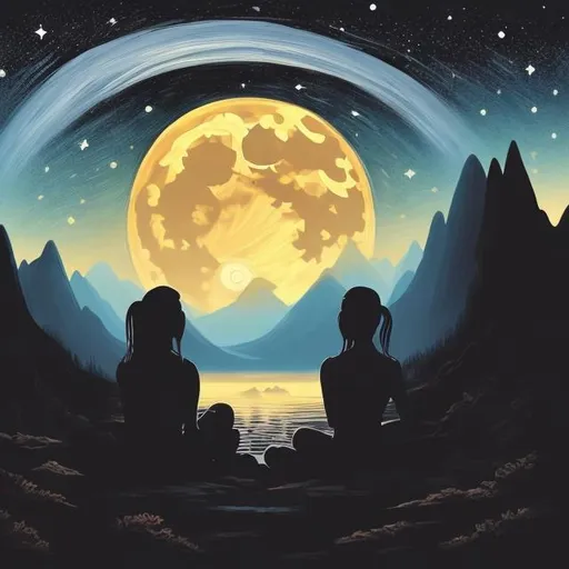 Prompt: create a painting of a night mountain scene dominated by a bright full moon with the silhouette of two women sitting together in the foreground
