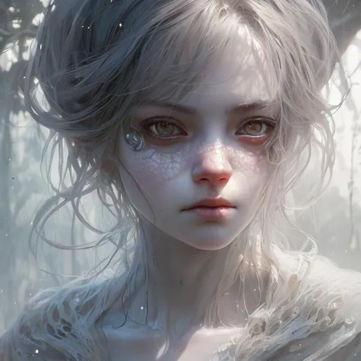 Prompt: Closeup face portrait of a {ghost woman}, smooth soft skin, big dreamy eyes, beautiful intricate colored hair, symmetrical, anime wide eyes, soft lighting, detailed face, by makoto shinkai, stanley artgerm lau, wlop, rossdraws, concept art, digital painting, looking into camera