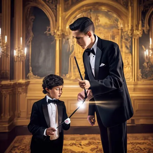 Prompt: Magician in a tuxedo casting a spell on a young boy with his magic wand