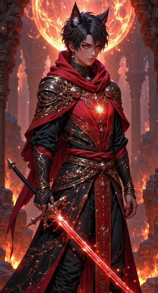 Prompt: ((small young man)) as a ((magical knight)) with ((black wolf-cut hair)), red eyes, dressed in ornate completely red layered textured knight gear, left hand holding ((saber sword)).

red skies, high contrast lighting, ((wide length camera)), eye-level shot, three-quarter angle, wide depth of field. film grain, film textures.

Overall feeling of confidence. The background is a high detailed ancient enchanted dreamscape rocky, filled with burning rocks.