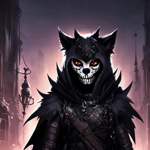 Prompt: Splash art of furry, black fur wearing white skull mask, black cloak, hooded, cat ears, at night, very detailed, uhd, trending on artstation