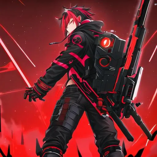 Prompt: Male character, black but red neon gas mask, cyber netrunner hood (black but neon red), neon red Sword In its Back, Red Mecha Cyber Jacket, black jeans, red shoes