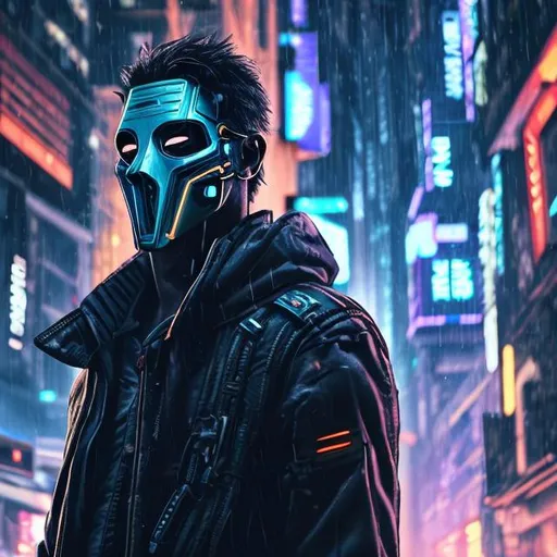 Prompt: A cyberpunk masked man leaning on a building in a futuristic city at night while it is raining 
