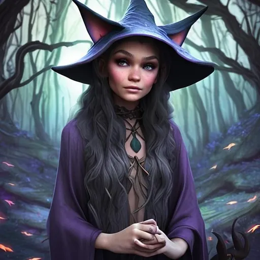 Prompt: Lunar witch in the woods, half elf, slightly pointy ears, wearing cute dark robes and a witch hat, surrounded by baby lizards, zendaya lookalike