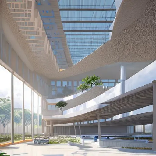 Prompt: modern design of big holistic advanced hospital  with intricate  with elements Congolese inspiration inmodern kinshasa, volumetric natural light, ultra realistic, vray, far view, perspective landscape