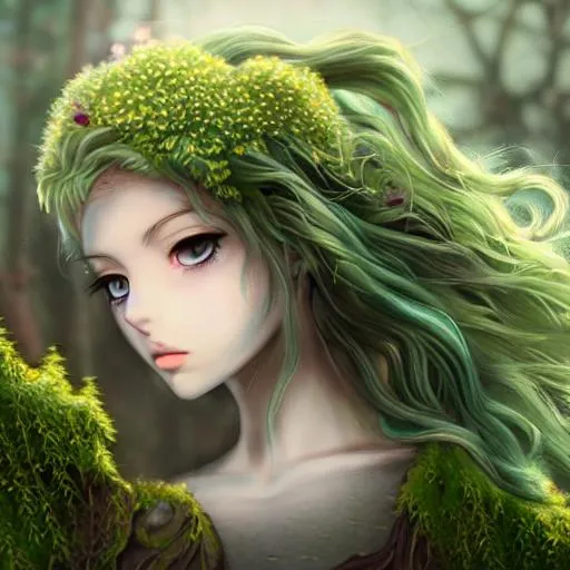 Prompt:  Insanely detailed elaborate beautiful hyper detailed greek god anime female pale hair flowing from head with moss and flowers growing on sides 8k resolution ambient god rays from sides