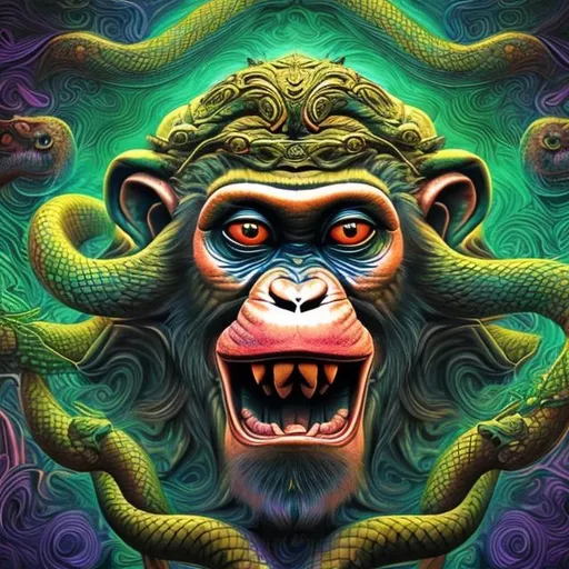 Prompt: A Monkey faced god with Horns riding a Snake. Photorealistic. Psychedelic patterns in the Background. Trippy vibes