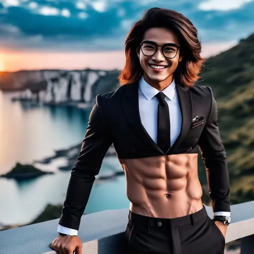Prompt: an attractive long-haired 20-years old smiling man with a six pack abs and eyeglasses Wearing a crop top black suit and tie with black suit pants and a bare navel, he is flexing his midriff abs, sunset background 