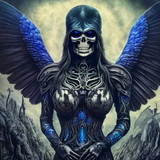 Prompt: in style of  giger,
ultra realistic, photo picture with black raven and in background dark blue butterfly's that have picture of skull on their wings, digital art plus Art Nouveau